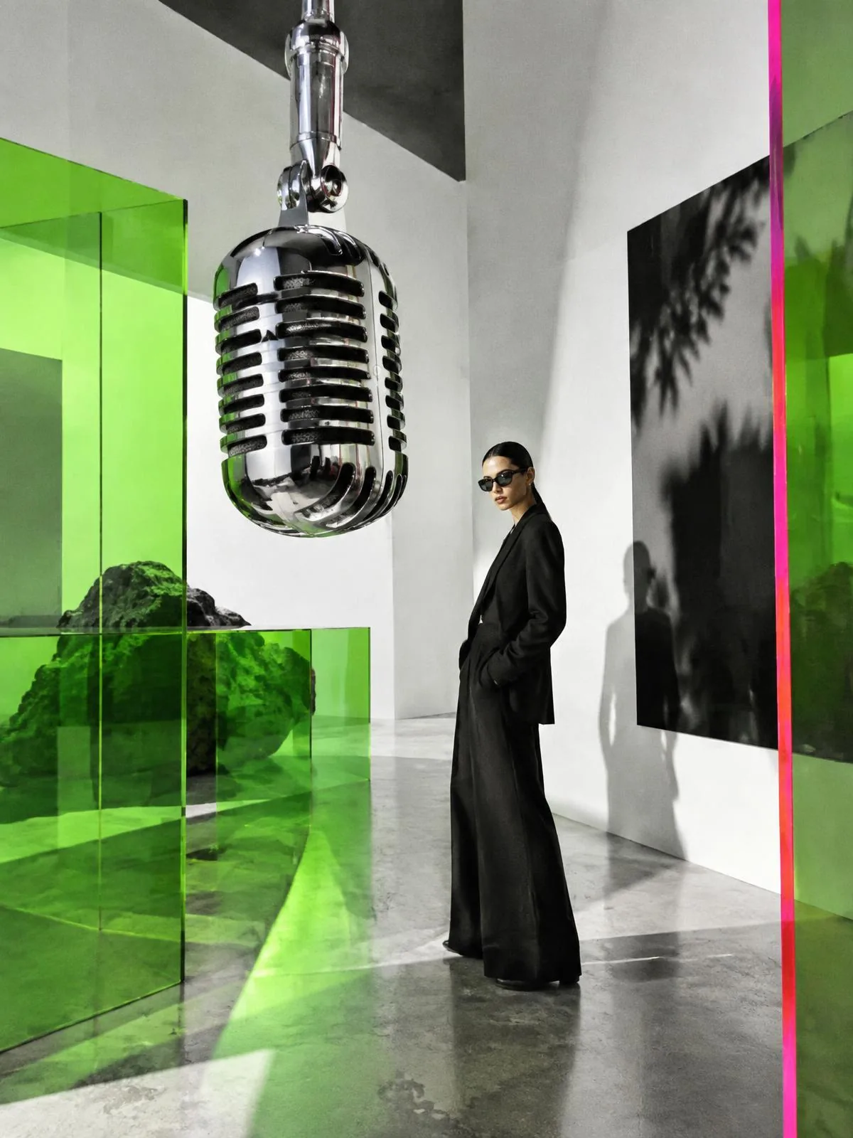 Chrome microphone suspended in a sustainable design gallery