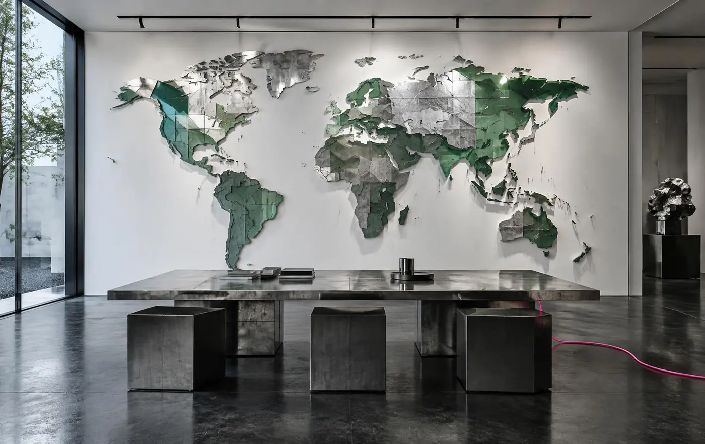 Sculptural world map in a contemporary strategy studio